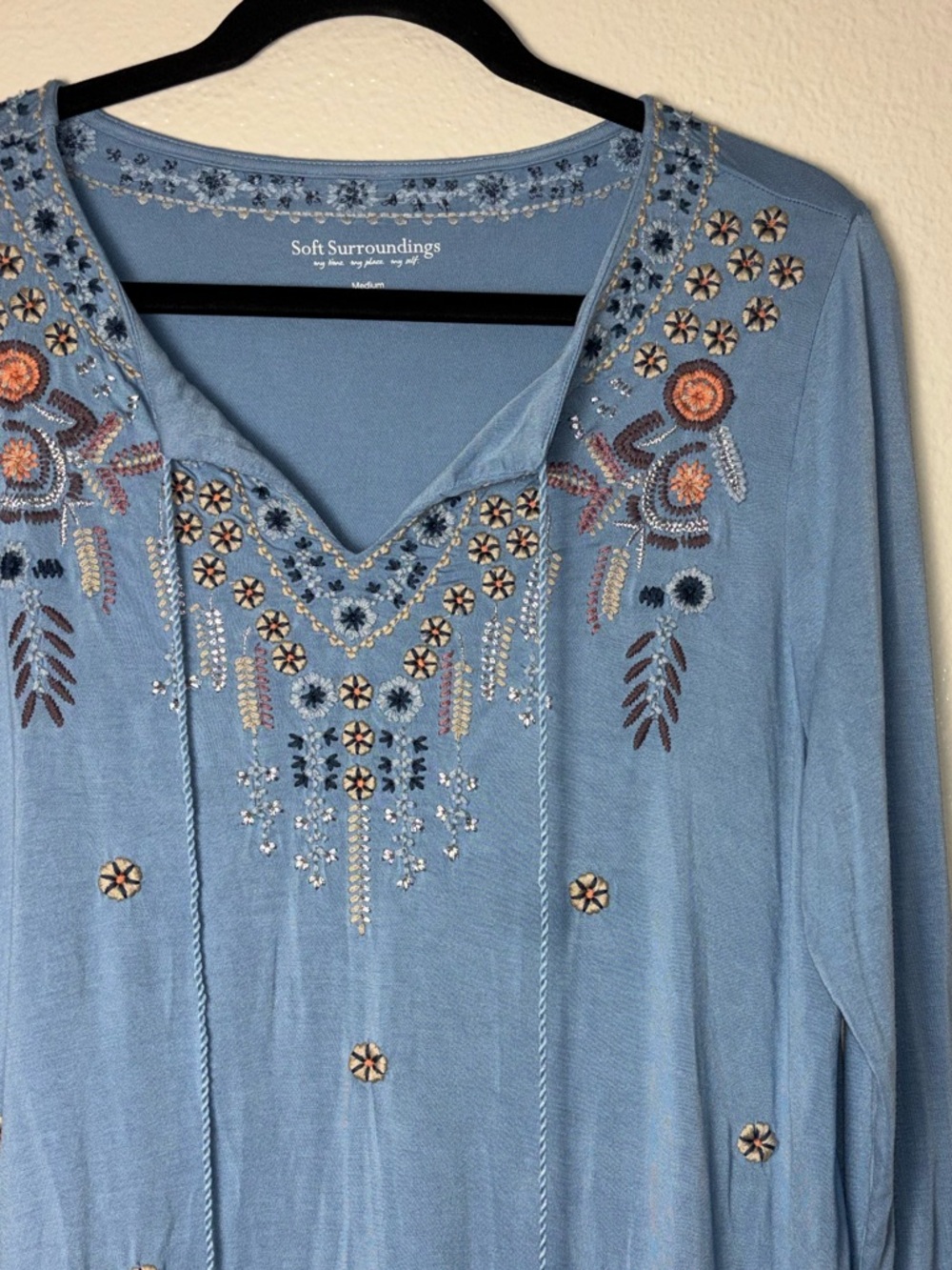Soft surroundings embroidered long sleeve top with tassels -Blue Women's Medium - Picture 5 of 15